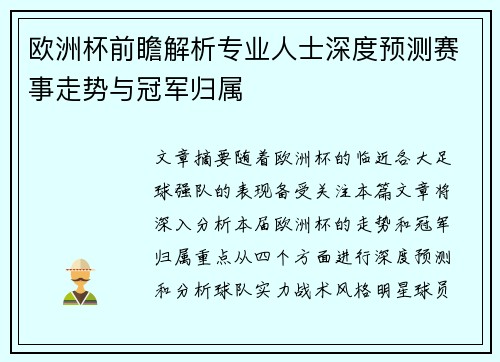欧洲杯前瞻解析专业人士深度预测赛事走势与冠军归属