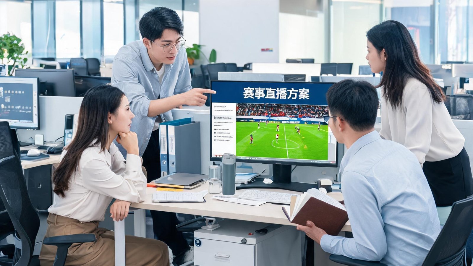 开云体育开放式办公室内，团队成员正在电脑前讨论赛事直播方案