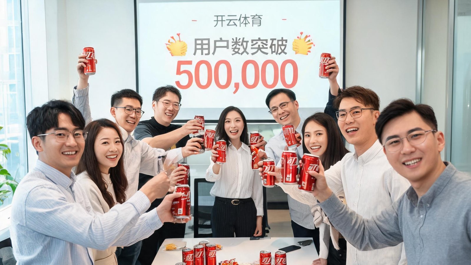开云体育团队在会议室庆祝用户数突破50万，大家举着饮料笑容满面